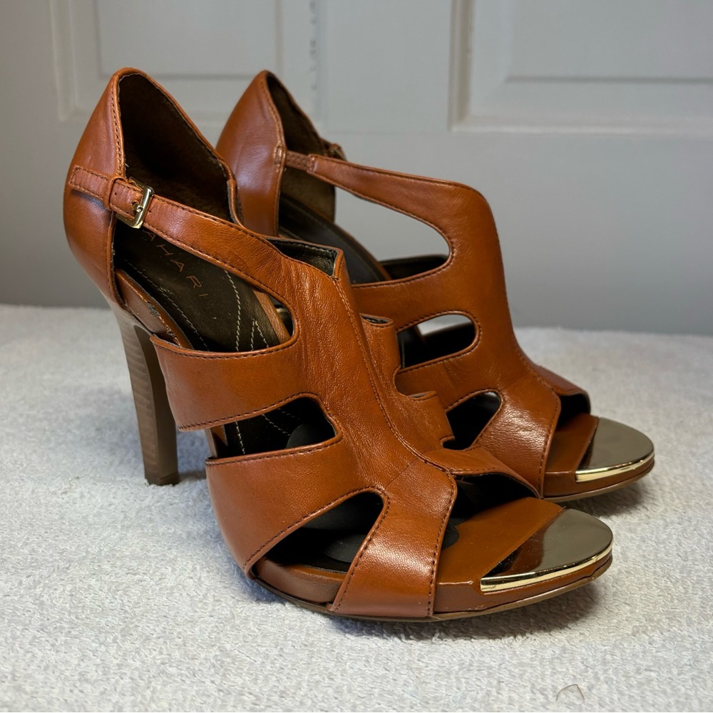 Tahari Tan Leather Cutout Heels with Gold Accents